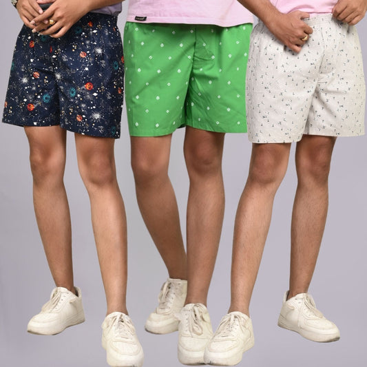 Pack Of 3 Mens Dark Blue, Green And White Cotton Shorts Combo