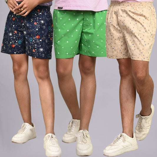 Pack Of 3 Mens Dark Blue, Green And Yellow Cotton Shorts Combo