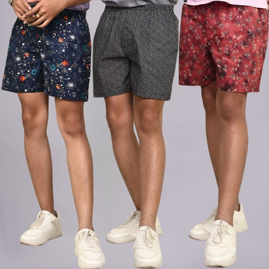 Pack Of 3 Mens Dark Blue, Grey And Maroon Cotton Shorts Combo