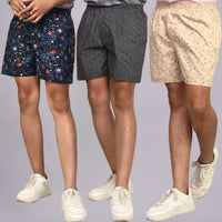 Pack Of 3 Mens Dark Blue, Grey And Yellow Cotton Shorts Combo