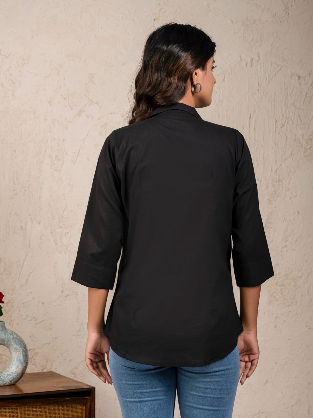 Womens Solid Black Cambric Cotton Shirt