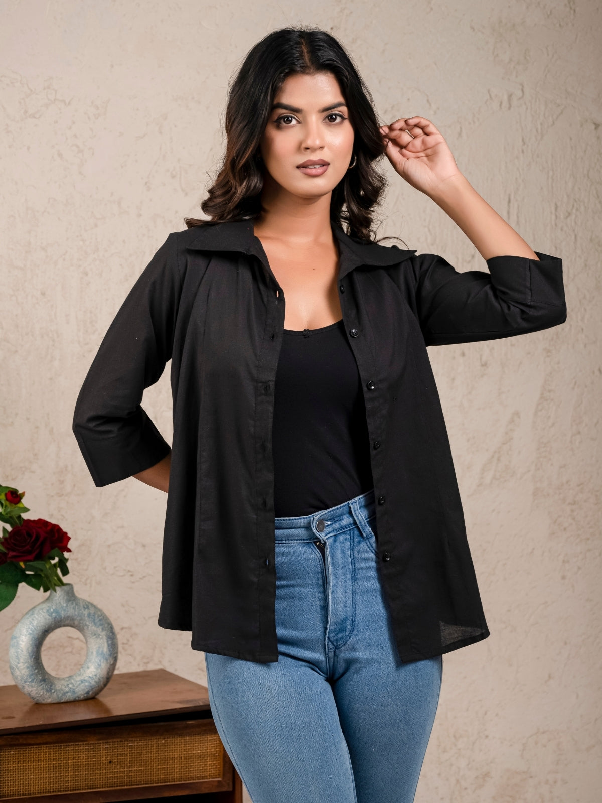 Womens Solid Black Cambric Cotton Shirt