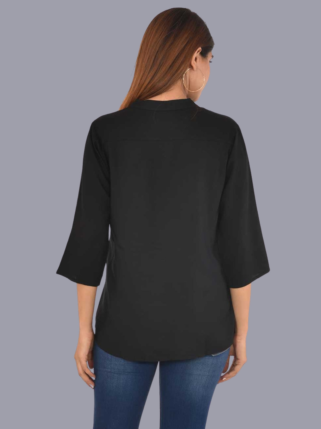 Womens Solid Black Chinese Collar Three Fourth Sleeve Rayon Tops