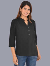 Womens Solid Black Chinese Collar Three Fourth Sleeve Rayon Tops