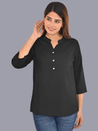Womens Solid Black Chinese Collar Three Fourth Sleeve Rayon Tops
