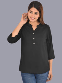 Womens Solid Black Chinese Collar Three Fourth Sleeve Rayon Tops