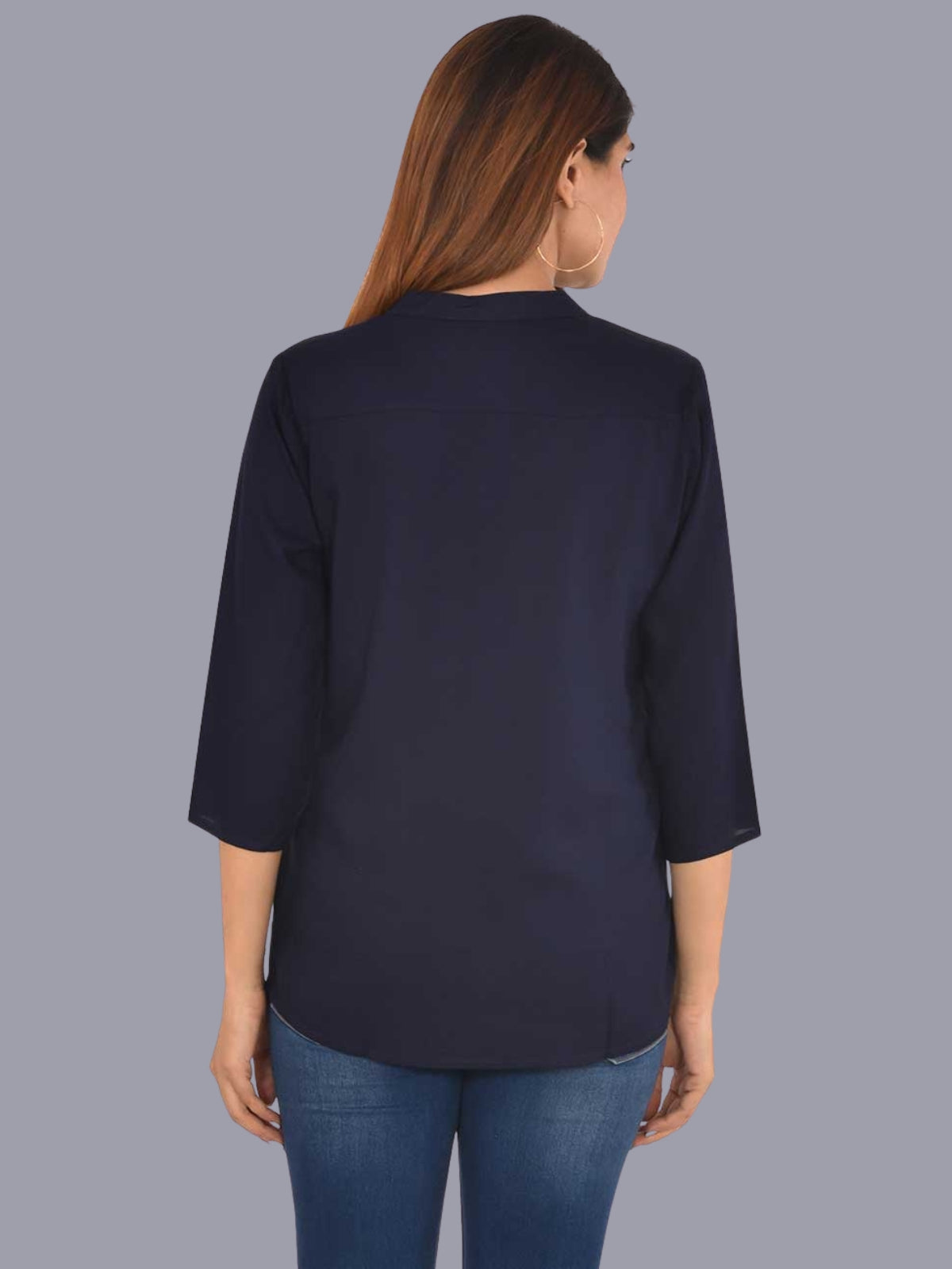 Womens Solid Dark Blue Chinese Collar Three Fourth Sleeve Rayon Tops