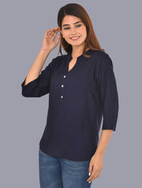 Womens Solid Dark Blue Chinese Collar Three Fourth Sleeve Rayon Tops