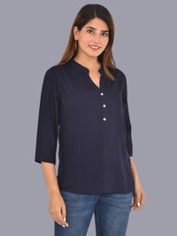 Womens Solid Dark Blue Chinese Collar Three Fourth Sleeve Rayon Tops