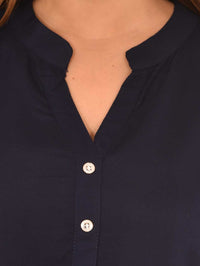 Womens Solid Dark Blue Chinese Collar Three Fourth Sleeve Rayon Tops