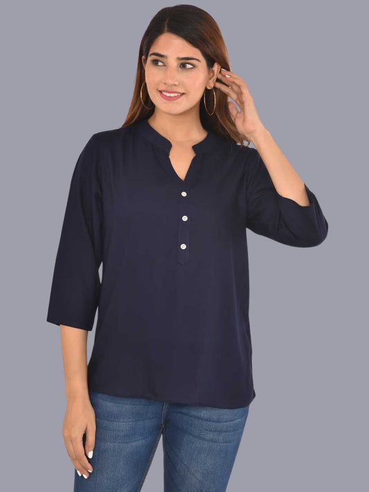 Womens Solid Dark Blue Chinese Collar Three Fourth Sleeve Rayon Tops