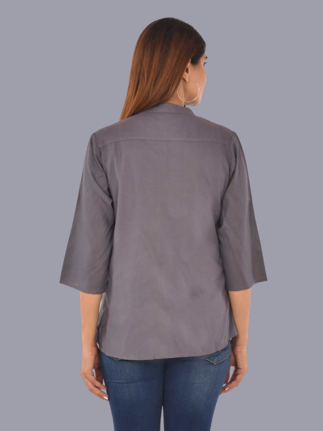 Womens Solid Dark Grey Chinese Collar Three Fourth Sleeve Rayon Tops