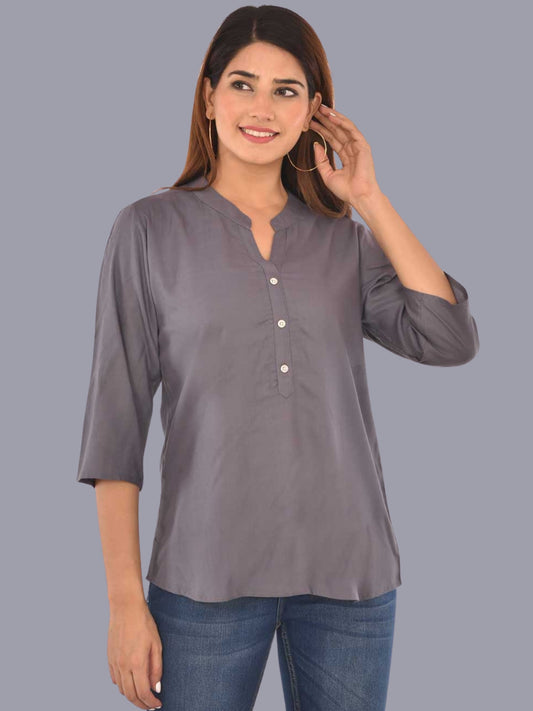 Womens Solid Dark Grey Chinese Collar Three Fourth Sleeve Rayon Tops