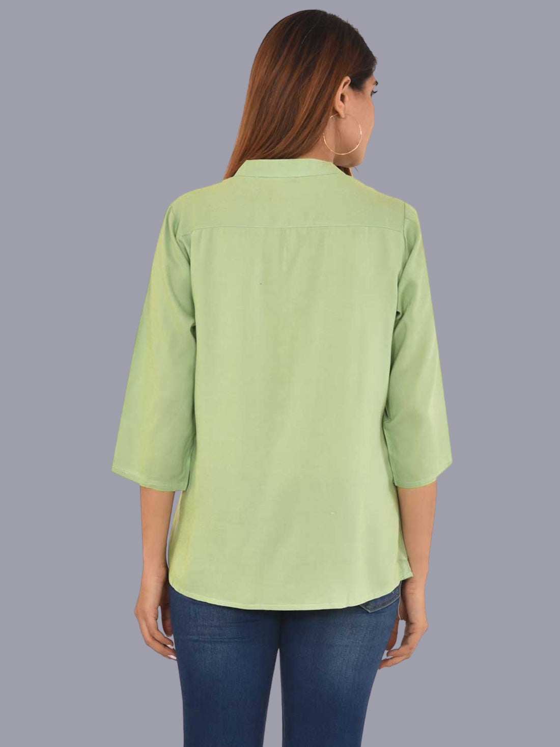 Womens Solid Light Green Chinese Collar Three Fourth Sleeve Rayon Tops