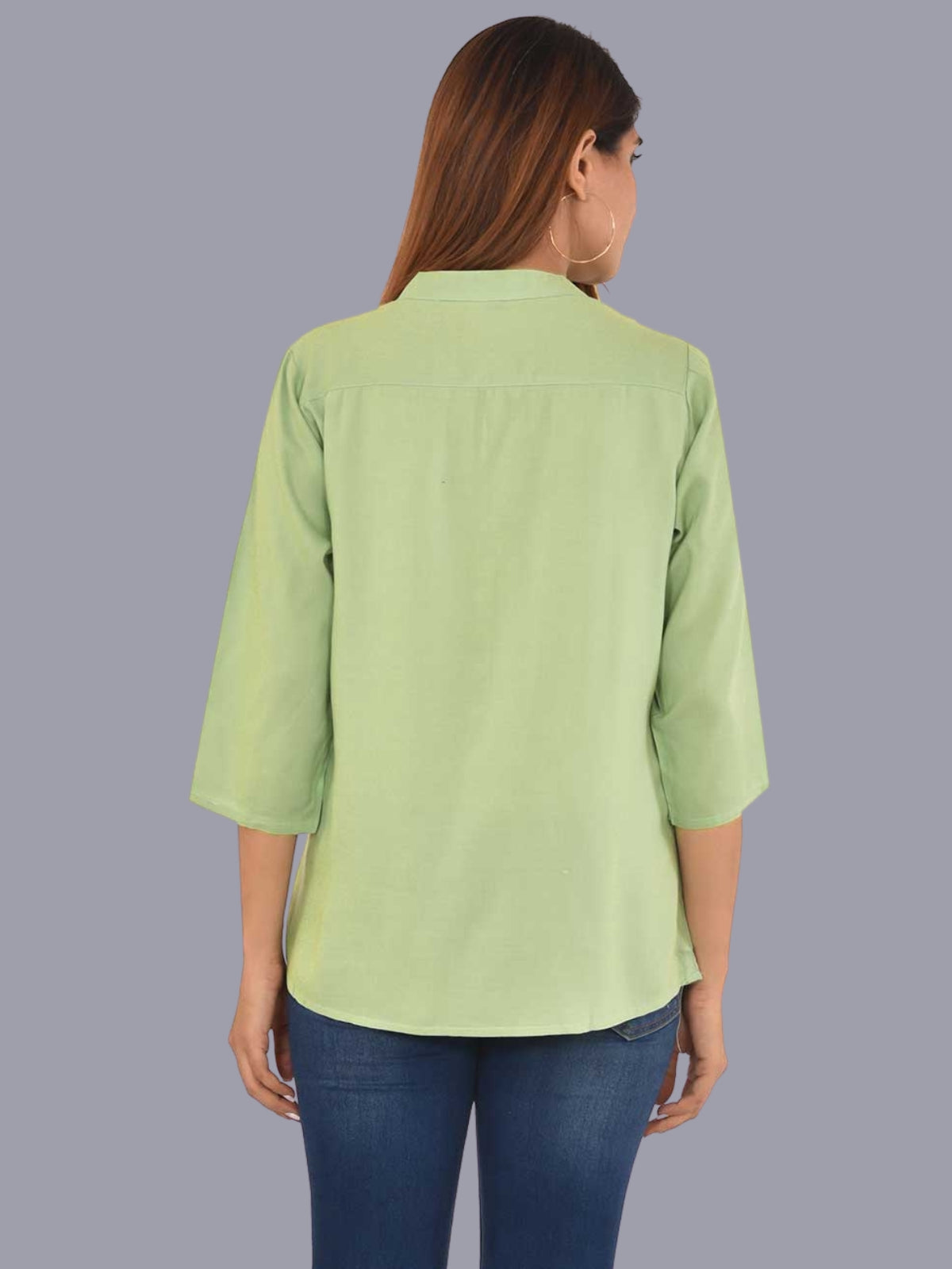 Womens Solid Light Green Chinese Collar Three Fourth Sleeve Rayon Tops