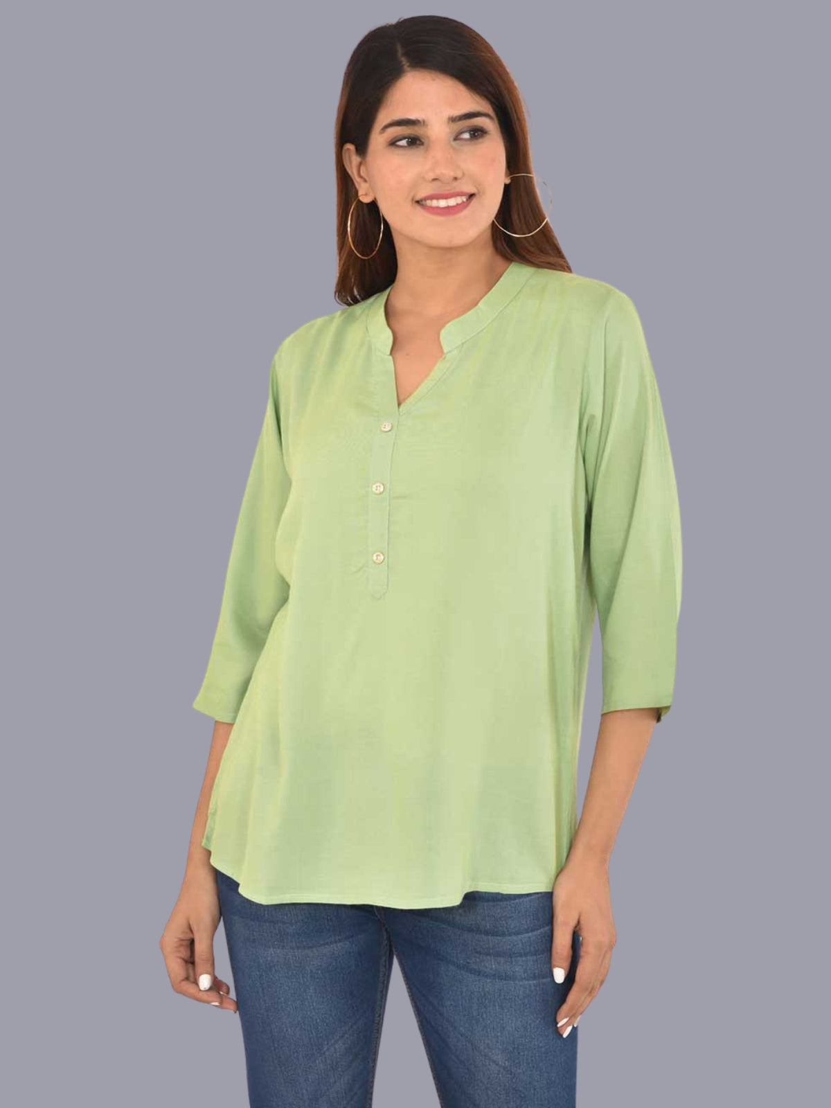 Womens Solid Light Green Chinese Collar Three Fourth Sleeve Rayon Tops