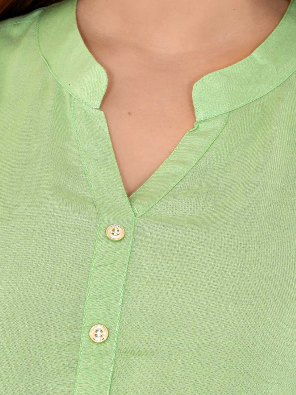 Womens Solid Light Green Chinese Collar Three Fourth Sleeve Rayon Tops