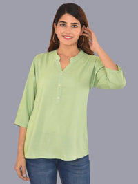 Womens Solid Light Green Chinese Collar Three Fourth Sleeve Rayon Tops