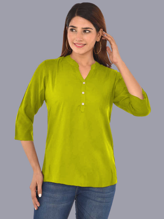 Womens Solid Mehndi Green Chinese Collar Three Fourth Sleeve Rayon Tops