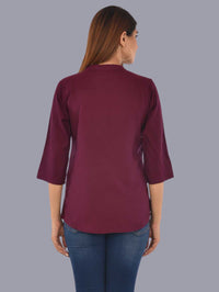 Womens Solid Maroon Chinese Collar Three Fourth Sleeve Rayon Tops