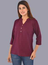 Womens Solid Maroon Chinese Collar Three Fourth Sleeve Rayon Tops