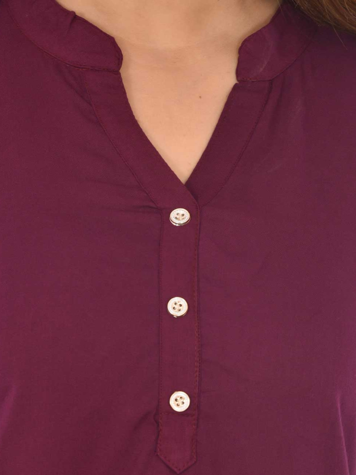 Womens Solid Maroon Chinese Collar Three Fourth Sleeve Rayon Tops