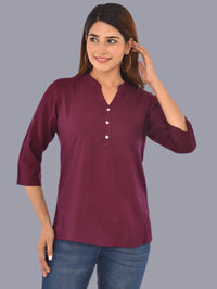 Womens Solid Maroon Chinese Collar Three Fourth Sleeve Rayon Tops