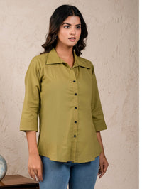 Womens Solid Mehendi Green Cambric Cotton Shirt