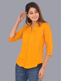 Womens Solid Mustard Regular Fit Spread Collar Rayon Shirt