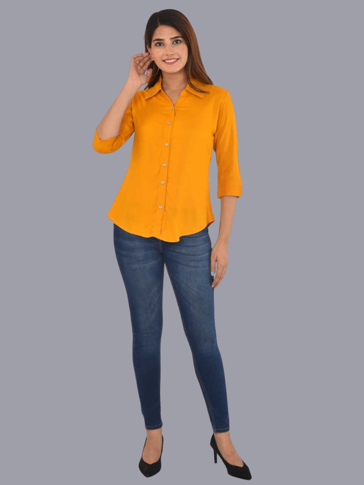 Womens Solid Mustard Regular Fit Spread Collar Rayon Shirt