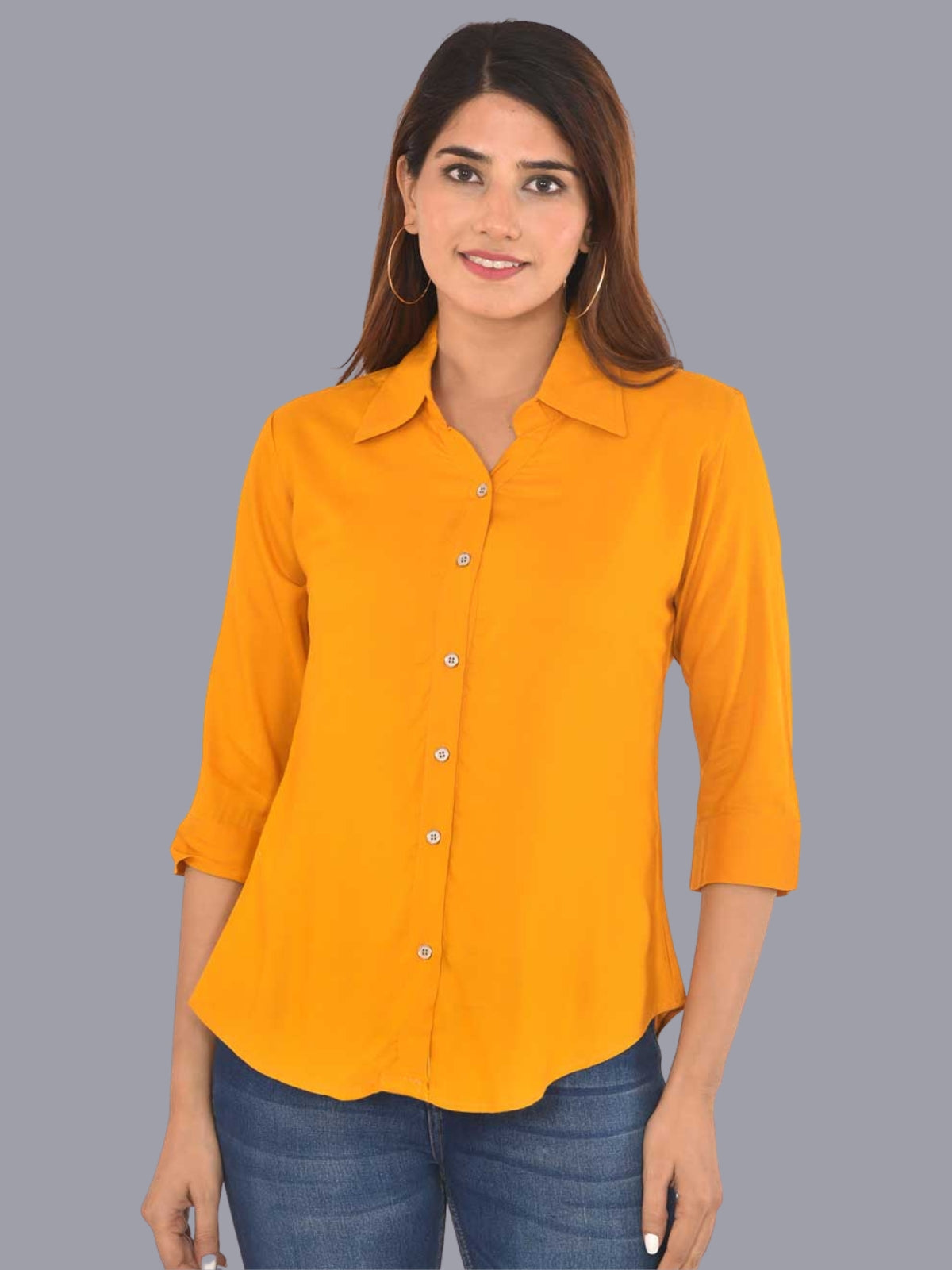 Womens Solid Mustard Regular Fit Spread Collar Rayon Shirt