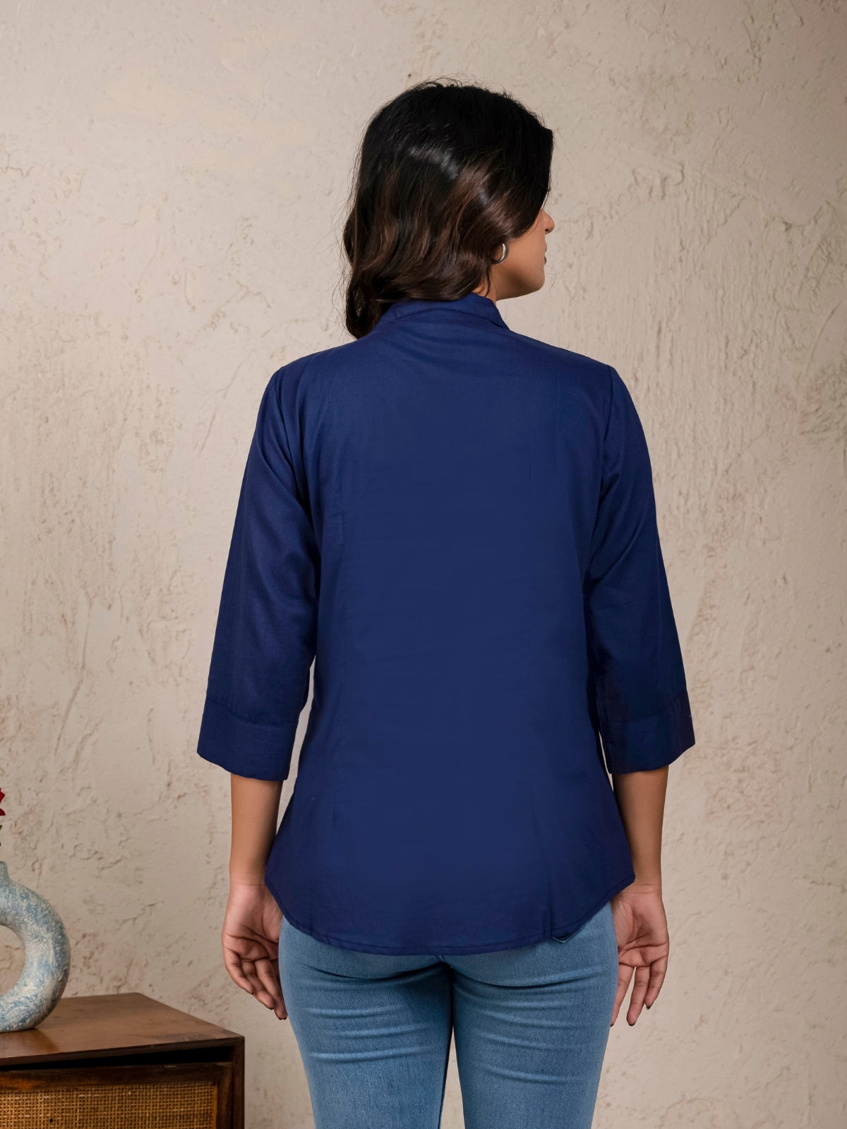 Womens Solid Navy Blue Cambric Cotton Shirt