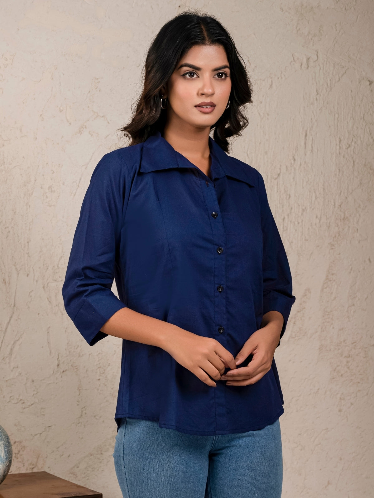 Womens Solid Navy Blue Cambric Cotton Shirt