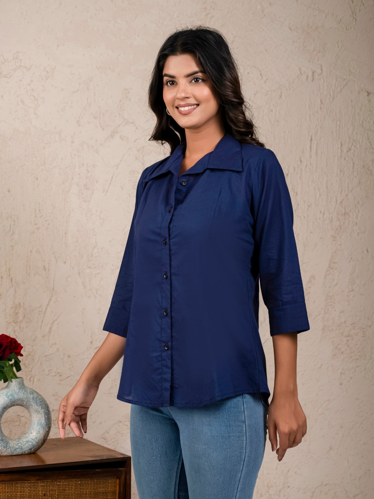 Womens Solid Navy Blue Cambric Cotton Shirt