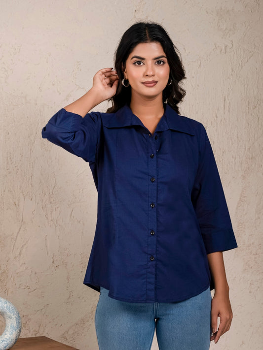 Womens Solid Navy Blue Cambric Cotton Shirt