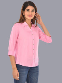 Womens Solid Pink Regular Fit Spread Collar Rayon Shirt