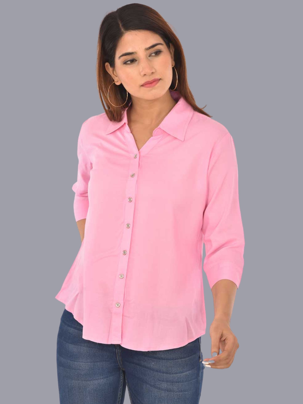 Womens Solid Pink Regular Fit Spread Collar Rayon Shirt