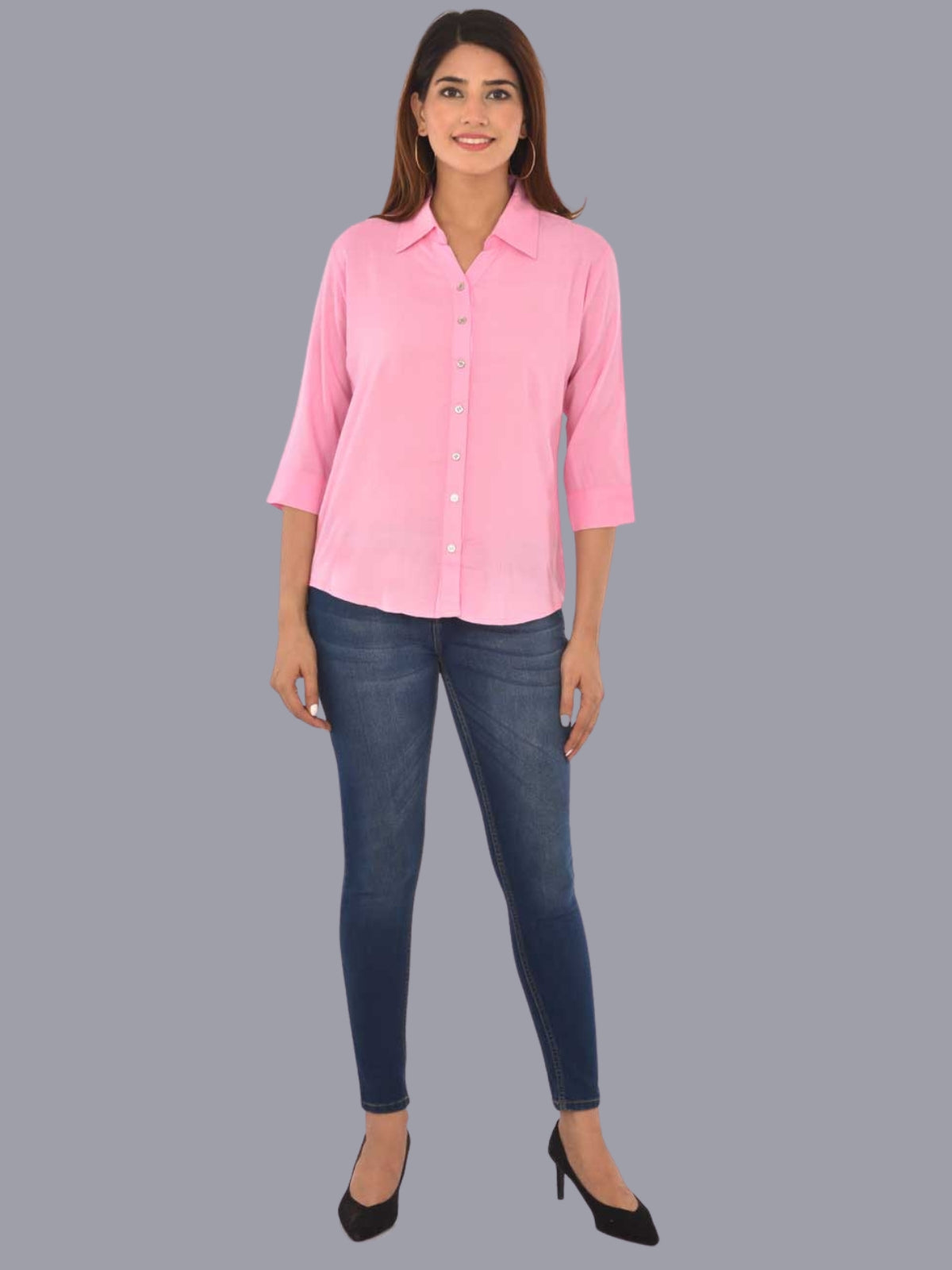 Womens Solid Pink Regular Fit Spread Collar Rayon Shirt