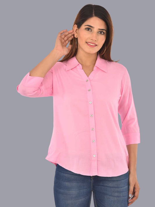 Womens Solid Pink Regular Fit Spread Collar Rayon Shirt