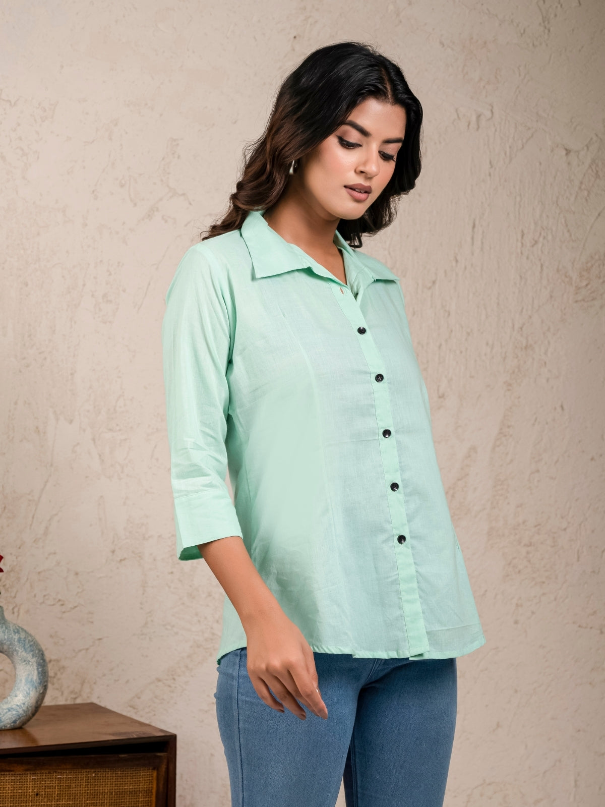 Womens Solid Pista Green Cambric Cotton Shirt