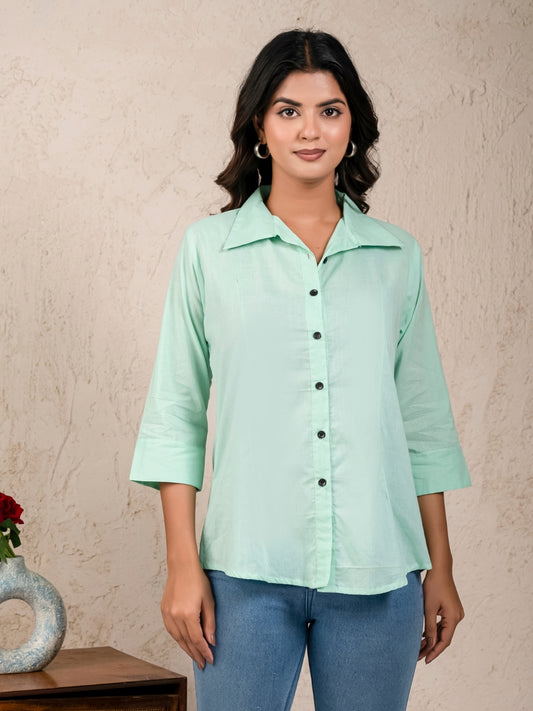 Womens Solid Pista Green Cambric Cotton Shirt