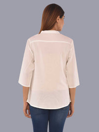 Womens Solid White Chinese Collar Three Fourth Sleeve Rayon Tops