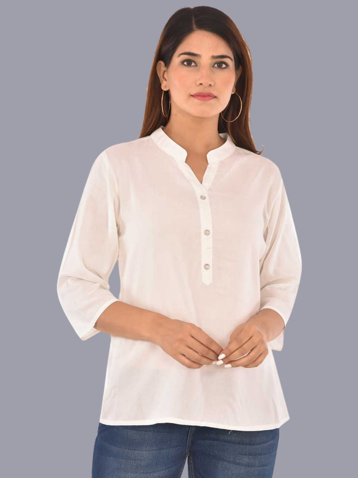 Womens Solid White Chinese Collar Three Fourth Sleeve Rayon Tops