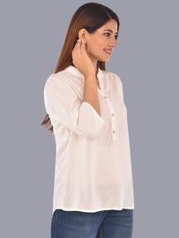 Womens Solid White Chinese Collar Three Fourth Sleeve Rayon Tops