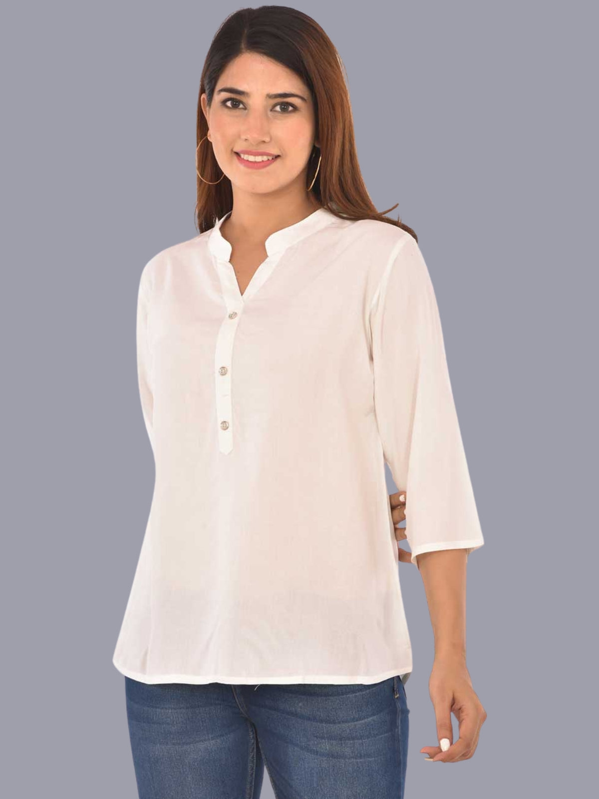 Womens Solid White Chinese Collar Three Fourth Sleeve Rayon Tops