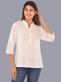 Womens Solid White Chinese Collar Three Fourth Sleeve Rayon Tops