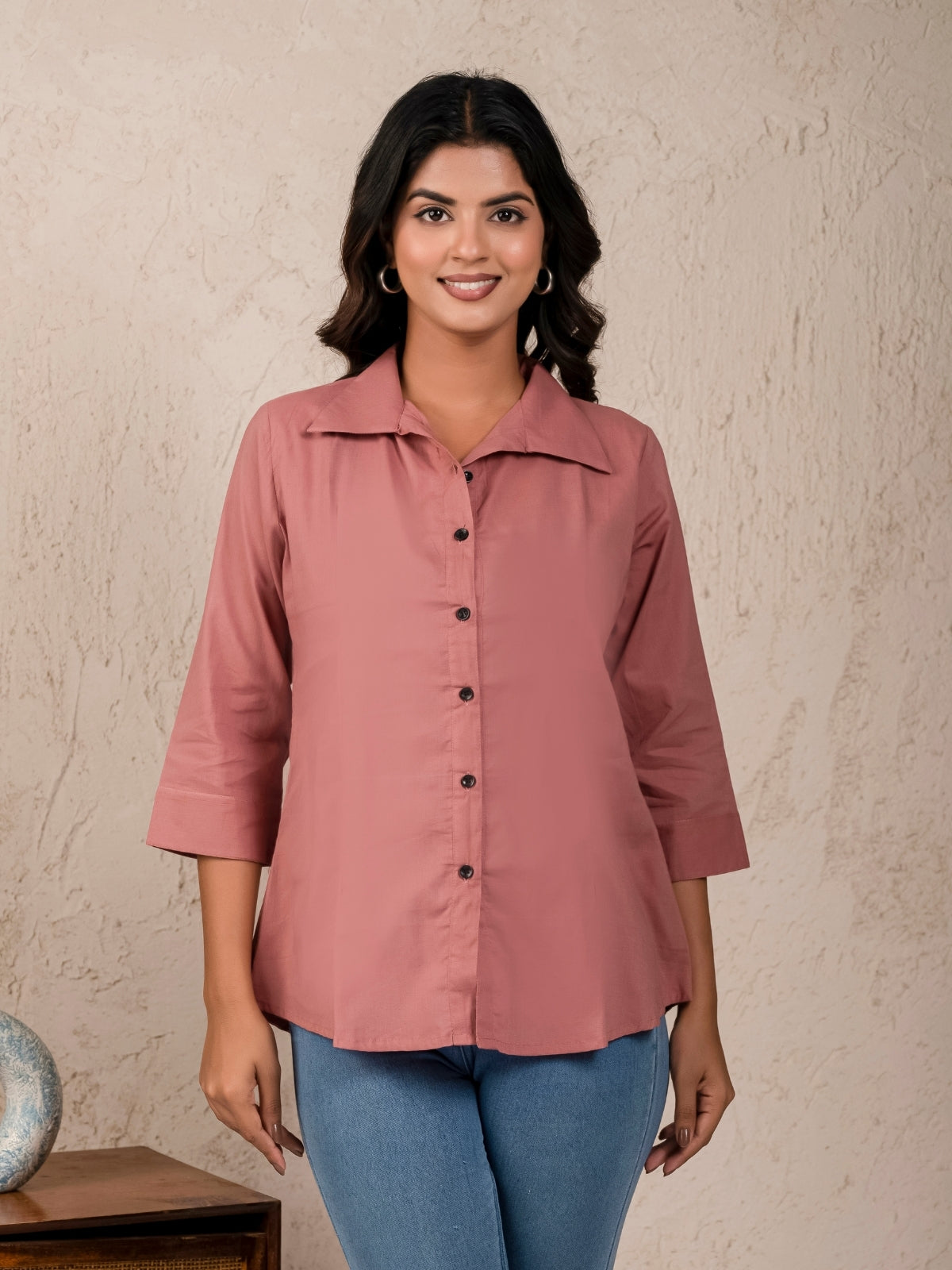 Womens Solid Rose Pink Cambric Cotton Shirt