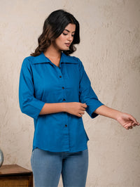 Womens Solid Turquoise Cambric Cotton Shirt