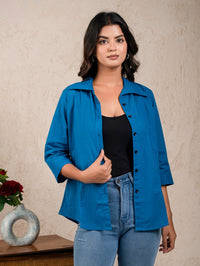 Womens Solid Turquoise Cambric Cotton Shirt