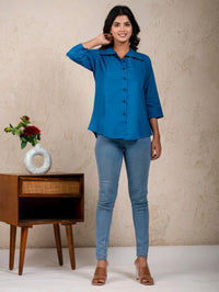 Womens Solid Turquoise Cambric Cotton Shirt